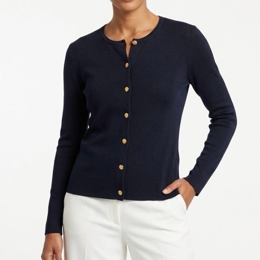 Lauren Ralph Lauren Spun Silk Cardigan Sweater Navy Blue Gold Crest Buttons L